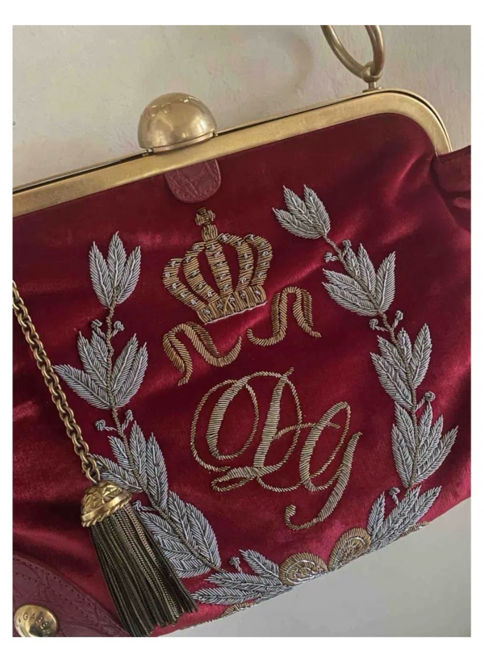 Dolce & Gabbana Red Velvet Embroidered Top-Handle Bag with Gold Hardware - Picture 5 of 5